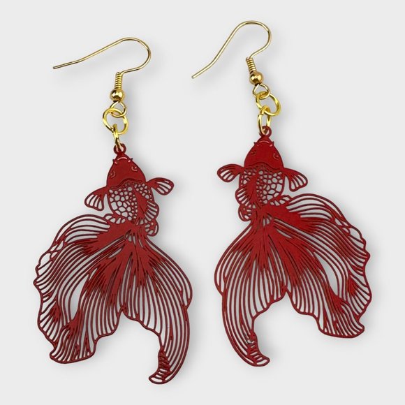 Red Koi Fish Earrings Gold Plated French Hook Ear Wires - Picture 1 of 6